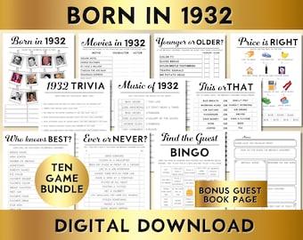 94th Birthday Party Games, Born in 1932 Trivia, Music Quiz (Printable Digital Download)