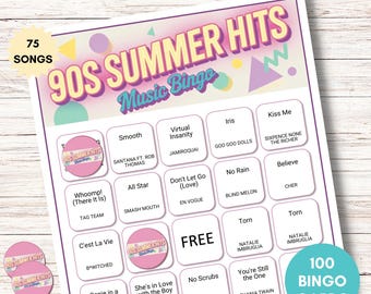 Bingo musical de éxitos del verano de los 90: juego imprimible con lista de reproducción de Spotify (descarga digital)