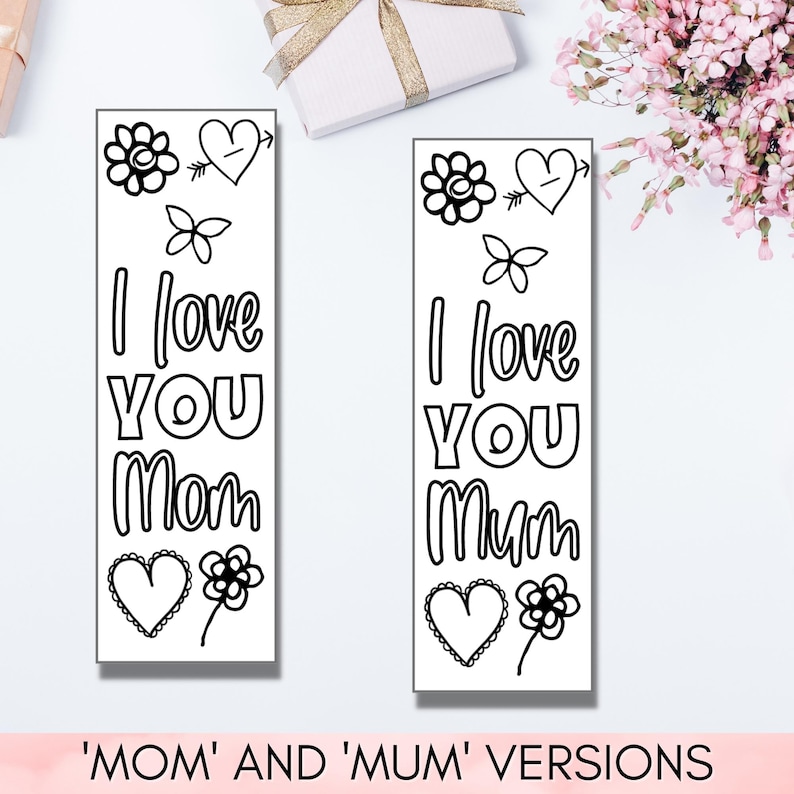 Mother's Day Coloring Bookmarks Printable – DIY Gift for Mom from Kids – 5 Per Page – Instant Download, Unique Mother's Day Craft