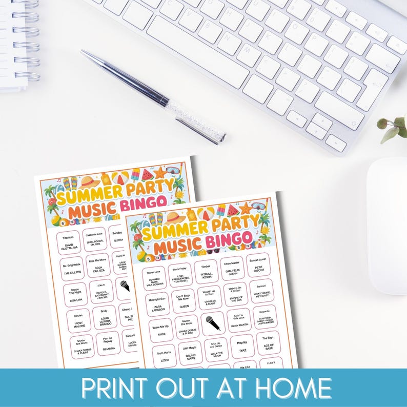 May include: Two "Summer Party Music Bingo" game sheets with colorful summer-themed graphics, a keyboard, a pen, and a computer mouse on a white surface. The text "PRINT OUT AT HOME" is at the bottom.