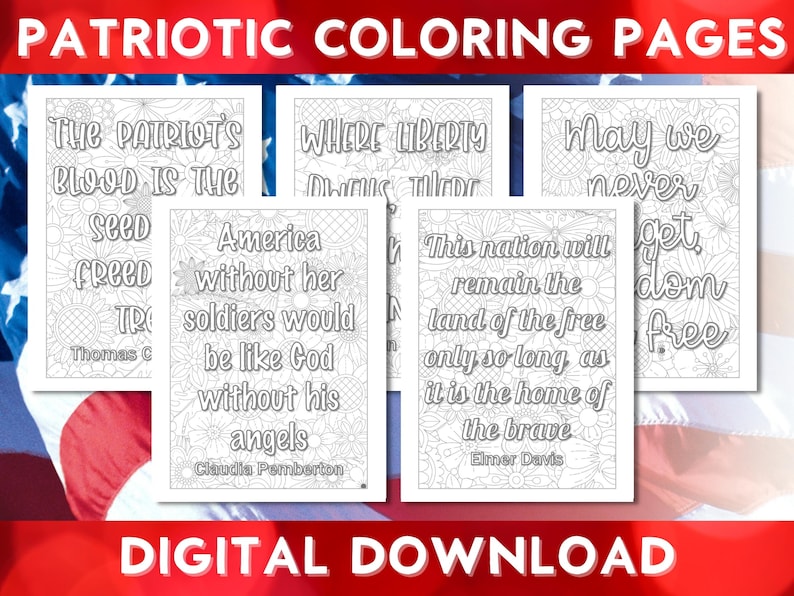 Printable Patriotic Quotes Coloring Pages, Memorial Day, Independence Day, Classroom, Children's Activity image 1