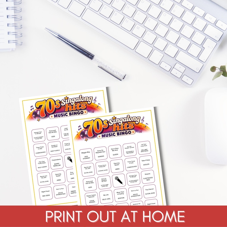 May include: Two white paper sheets featuring a 70s singalong hits music bingo game. The header displays colorful rainbow graphics, a disco ball, and the text 70s singalong hits music bingo. Each grid contains song titles, artist names, and a microphone icon.