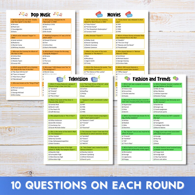 90's Trivia Quiz, Game Night, Bar Quiz, 1990's Family Games, Nineties, 100 Questions, Printable Instant Download