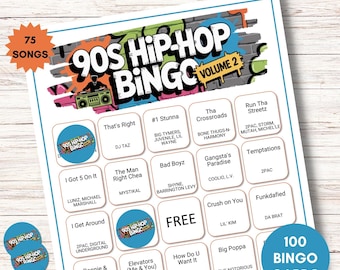 90s Hip Hop Bingo Volume 2, Music Bingo Fun, 100 Unique Cards, Digital Download