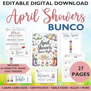 May include: An "April Showers Bunco" digital download with rules, scorecards, and table signs. The design features watercolor illustrations of rain boots, umbrellas, and flowers. Includes 27 pages with alternative "Snake Eyes" version.