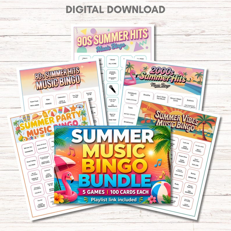 Puede incluir: Un paquete de juegos de bingo de m&uacute;sica de verano. El paquete incluye cinco juegos con 100 cartas cada uno, con temas como &eacute;xitos de los 80, 90 y 2000. El dise&ntilde;o incluye un flamenco, una pelota de playa y palmeras.