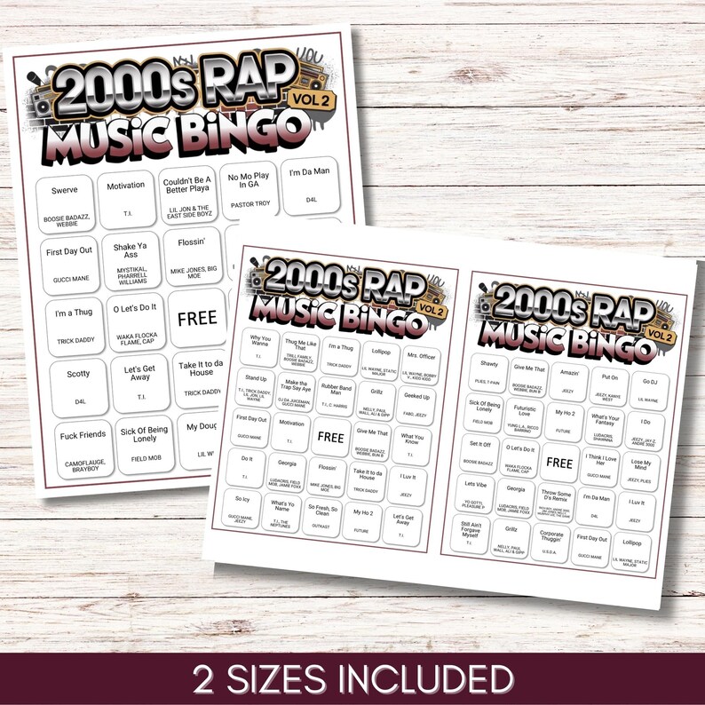 Puede incluir: Dos tarjetas de juego de bingo de m&uacute;sica rap de los a&ntilde;os 2000. Las tarjetas presentan un dise&ntilde;o negro, blanco y dorado con t&iacute;tulos de canciones y nombres de artistas. El texto "2 SIZES INCLUDED" est&aacute; en la parte inferior.