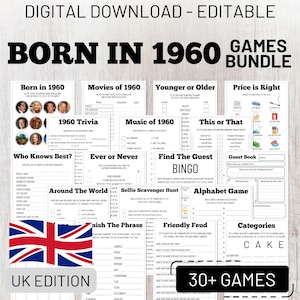 65th Birthday Party Games Bundle, UK Edition,  Born in 1960 Trivia, Fun Printable Games for Adults, Instant Download