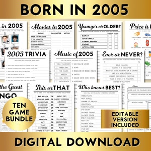 20th Birthday Party Games, Born in 2005, Printable 10 Game Bundle, Instant Download, Editable, Personalize, Music, Trivia, Guest Book BP001