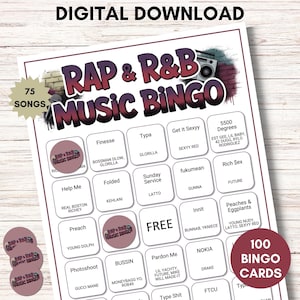 May include: A digital download of a Rap & R&B Music Bingo game. The game includes 75 songs and 100 bingo cards. The bingo card features song titles and artist names, with a purple and white color scheme.