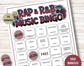 Rap and R&B Music Bingo | 75 Songs, 100 Cards (Digital Download)