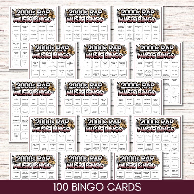Puede incluir: Un conjunto de 100 tarjetas de bingo con tem&aacute;tica de m&uacute;sica rap de los a&ntilde;os 2000. Cada tarjeta presenta una disposici&oacute;n &uacute;nica de t&iacute;tulos de canciones y nombres de artistas. Las tarjetas son blancas, con un logotipo decorativo en la parte superior que dice "2000s RAP MUSIC BINGO VOL 2".