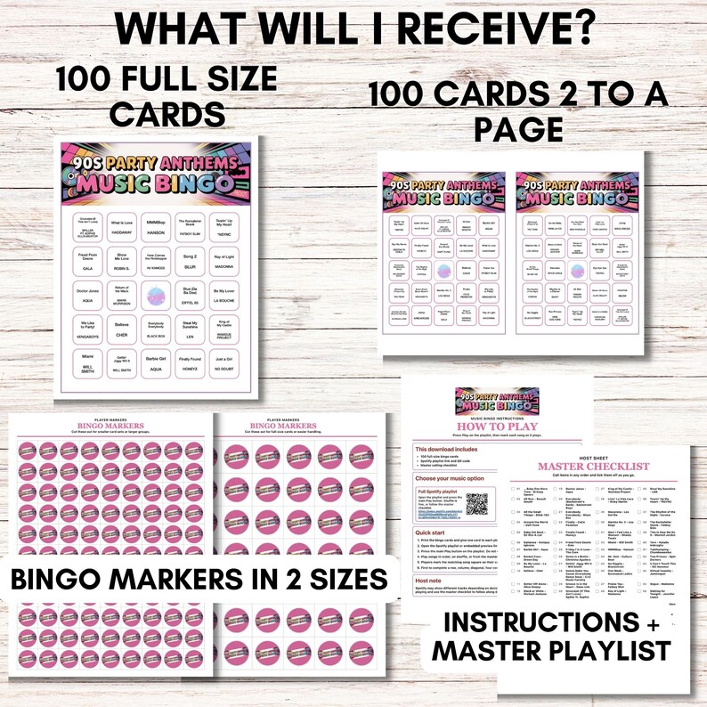 Peut inclure: Ensemble de jeu de bingo musical sur le th&egrave;me des tubes des ann&eacute;es 90. Il comprend 100 cartes grand format, 100 cartes par page, des marqueurs de bingo en deux tailles et des instructions avec une liste de lecture principale. Le jeu est color&eacute;.