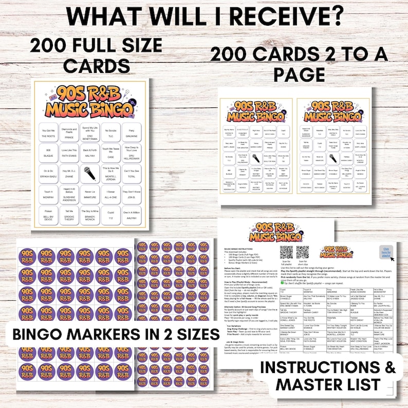 90s R&B Music Bingo, Printable Bingo Game, Throwback 90s Party Game, 200 Cards, Instant Download
