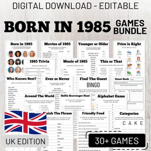40th Birthday Party Games Bundle, Born in 1985 Trivia, UK Edition, Fun Editable Printable Games for Adults, Instant Download