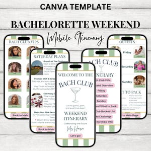 Bachelorette Itinerary Mobile Template | Editable Bach Club Weekend Planner | Digital Invitation & Travel Itinerary | Canva Template