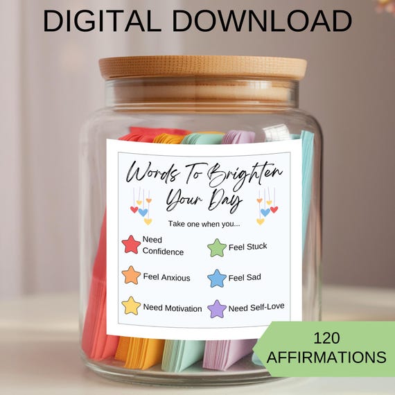 Daily Affirmations Jar, DIY Printable, Positive Quotes for Self-Care, Uplifting Gift for Women, Encouragement and Motivation