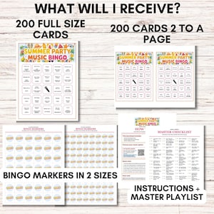 Puede incluir: Presentaci&oacute;n de materiales impresos para un juego de Bingo musical de fiesta de verano. La imagen muestra tarjetas de tama&ntilde;o completo, tarjetas con dos por p&aacute;gina, marcadores de bingo en dos tama&ntilde;os, instrucciones y una lista de reproducci&oacute;n maestra. El texto incluye "What Will I Receive?" y "Summer Party Music Bingo."
