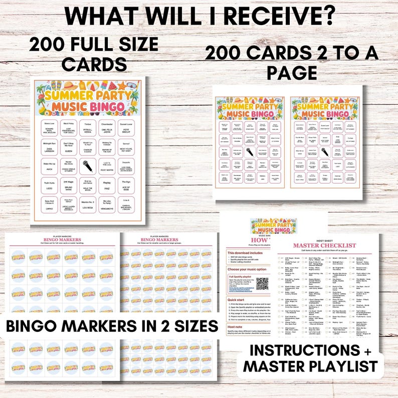 Puede incluir: Presentaci&oacute;n de materiales impresos para un juego de Bingo musical de fiesta de verano. La imagen muestra tarjetas de tama&ntilde;o completo, tarjetas con dos por p&aacute;gina, marcadores de bingo en dos tama&ntilde;os, instrucciones y una lista de reproducci&oacute;n maestra. El texto incluye "What Will I Receive?" y "Summer Party Music Bingo."