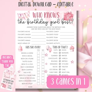 Who Knows The Birthday Girl Best, Editable Printable Pink Birthday Game, Teens Tweens Birthday Party Games, Would She Rather, Birthday Quiz