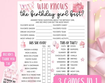 Who Knows The Birthday Girl Best, Editable Printable Pink Birthday Game, Teens Tweens Birthday Party Games, Would She Rather, Birthday Quiz