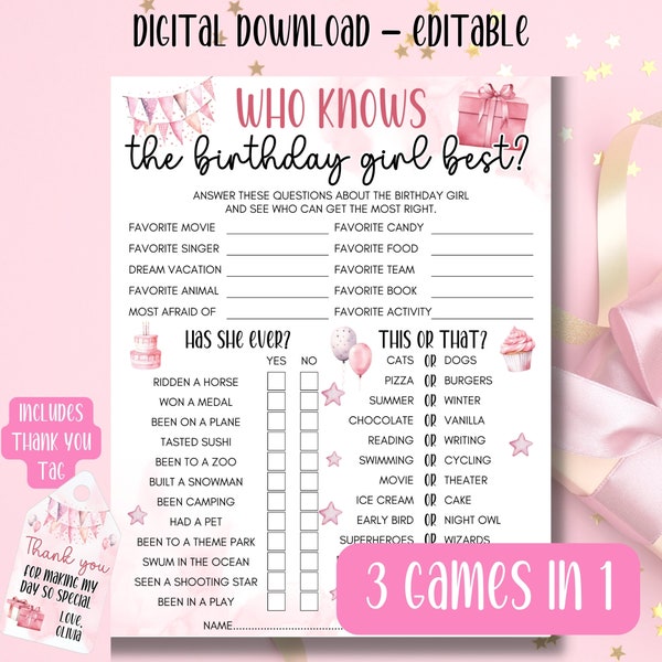 Who Knows The Birthday Girl Best, Editable Printable Pink Birthday Game, Teens Tweens Birthday Party Games, Would She Rather, Birthday Quiz