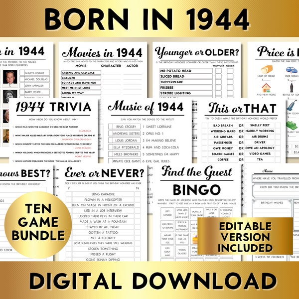 80th Birthday Party Games, Born in 1944, 10 Game Bundle, Printable, Editable, Instant Download, Bingo, Price Is Right, Music, Trivia