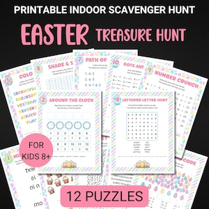 May include: A printable Easter Treasure Hunt game for kids aged 8+. The colorful game includes 12 puzzles with various challenges, such as word searches, number puzzles, and matching games. The title "Easter Treasure Hunt" is displayed in large pink letters.