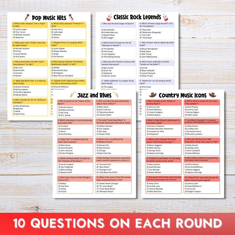 Music Trivia Quiz, Game Night, Bar Quiz, Family Games, 100 Questions, Printable Instant Download