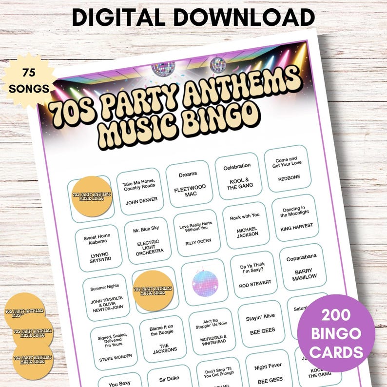 70s Party Anthems Music Bingo, 75 Songs, 200 Cards, Printable Retro Party Game
