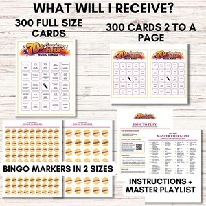 May include: A digital music bingo game set titled 70s Singalong Hits Music Bingo. Includes 300 full-size cards, 300 cards formatted two per page, bingo markers in two sizes, a how-to-play instruction sheet, and a master checklist playlist.