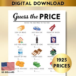 100th Birthday Price Match Game, Born in 1925 Printable, Fun Party Game for 100th Birthday Celebrations & Events