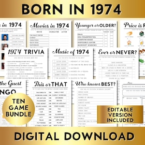51st Birthday Party Games, Born in 1974, Printable 10 Game Bundle, Instant Download, Editable, Personalize, Music, Trivia, Guest Book BP001