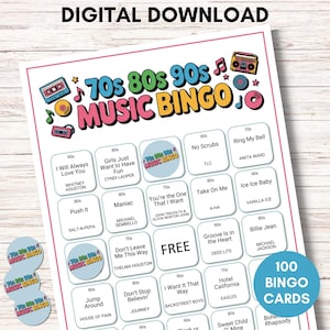May include: A digital download of a 70s, 80s, and 90s music bingo game. The bingo card features song titles and artists from the 70s, 80s, and 90s. The card includes the text "100 Bingo Cards" and "Digital Download".