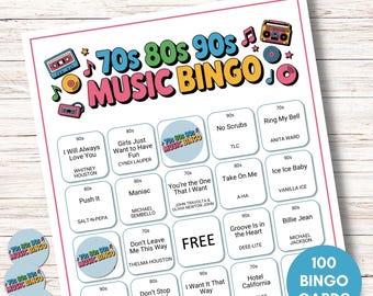 Muziekbingo uit de jaren 70, 80 en 90, tientallen jaren bingo, afdrukbaar spel met 100 bingokaarten, Spotify-afspeellijst, digitale download voor familiereünie of feest