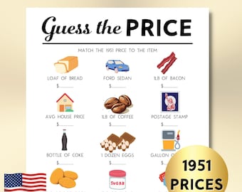 Puede incluir: Una descarga digital con un juego "Adivina el precio", que relaciona los precios de 1951 con artículos como pan, un Ford Sedán y café. Incluye una bandera de EE. UU. y el texto "US DOLLARS".