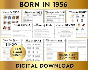 Juegos de fiesta de cumpleaños número 68, nacidos en 1956, paquete de 10 juegos imprimibles, descarga instantánea, bingo, precio correcto, música, trivia, libro de visitas BP001