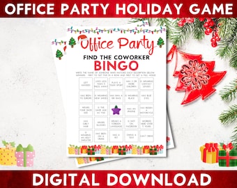 May include: A printable bingo card for an office holiday party game. The card has a festive Christmas theme with red and green colors. The game is called "Find the Coworker Bingo". Players must find a coworker who matches each description on the card.