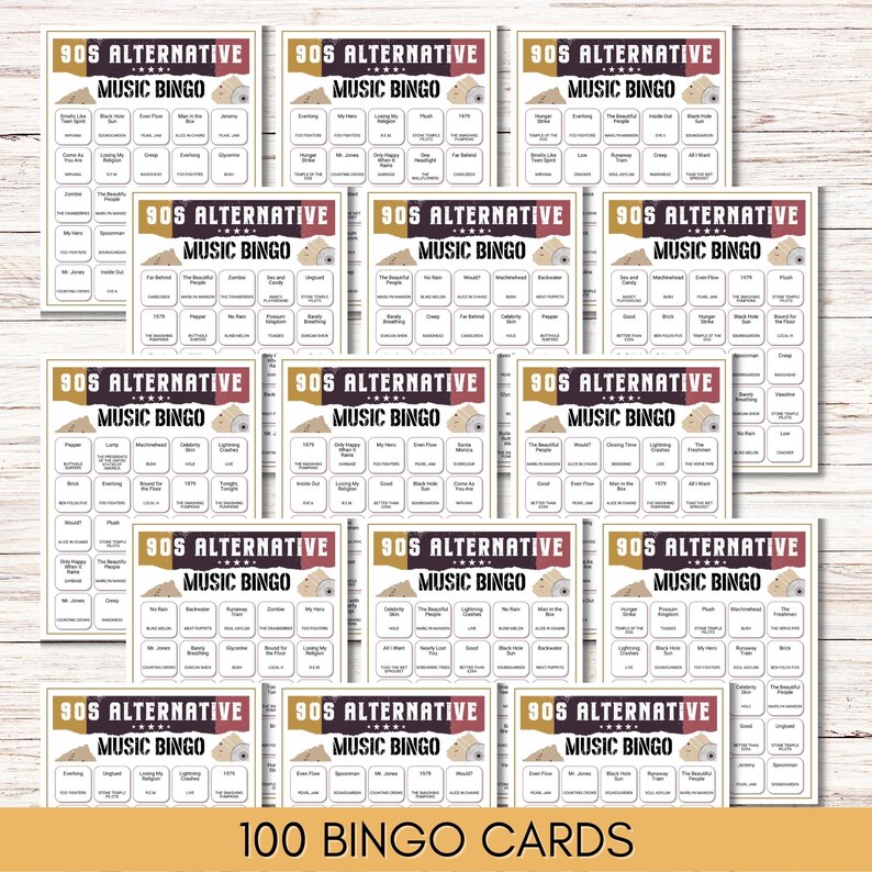 90s Alternative Music Bingo – The Ultimate Grunge & Alt-Rock Throwback Game, Printable Music Game, Party Game, Instant Download