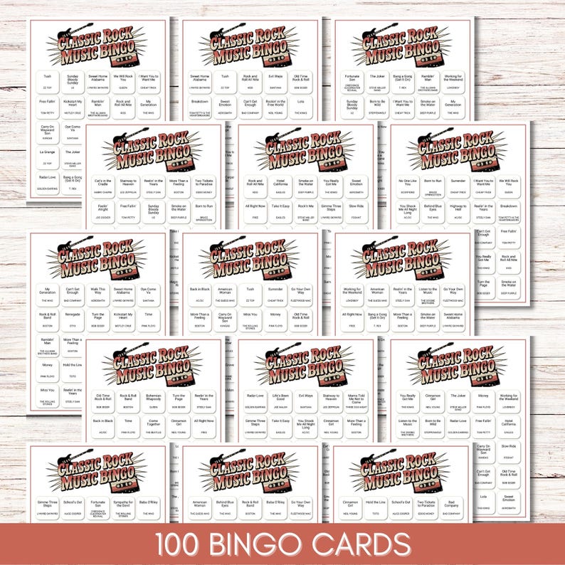 Classic Rock Music Bingo for Adults, Rock n Roll Game Night Printable