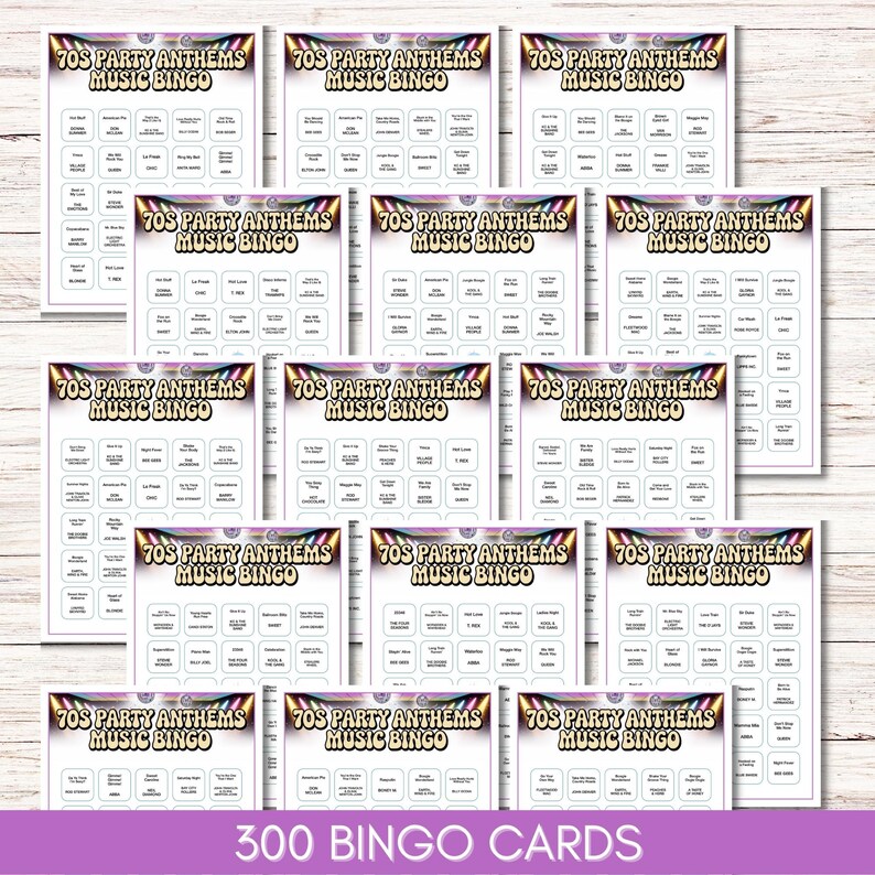 70s Party Anthems Music Bingo, 75 Songs, 300 Cards, Printable Retro Party Game
