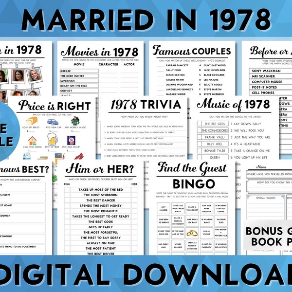 45th Wedding Anniversary Party Games, Married in 1978, Sapphire Wedding Printable 10 Game Bundle, Instant Download, Icebreaker, Guest Book