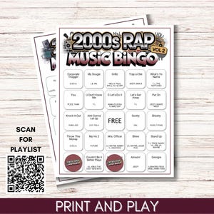 Puede incluir: Juego de Bingo de m&uacute;sica rap de los a&ntilde;os 2000, Vol. 2, imprimible, con t&iacute;tulos de canciones y artistas. Incluye un c&oacute;digo QR para escanear una lista de reproducci&oacute;n y las palabras "Imprimir y jugar".