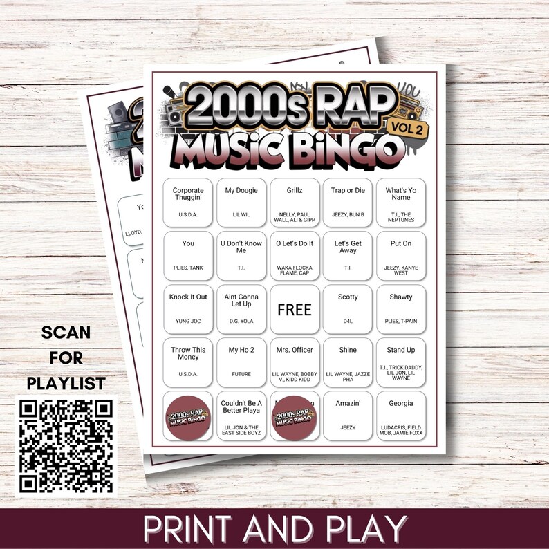 Puede incluir: Juego de Bingo de m&uacute;sica rap de los a&ntilde;os 2000, Vol. 2, imprimible, con t&iacute;tulos de canciones y artistas. Incluye un c&oacute;digo QR para escanear una lista de reproducci&oacute;n y las palabras "Imprimir y jugar".