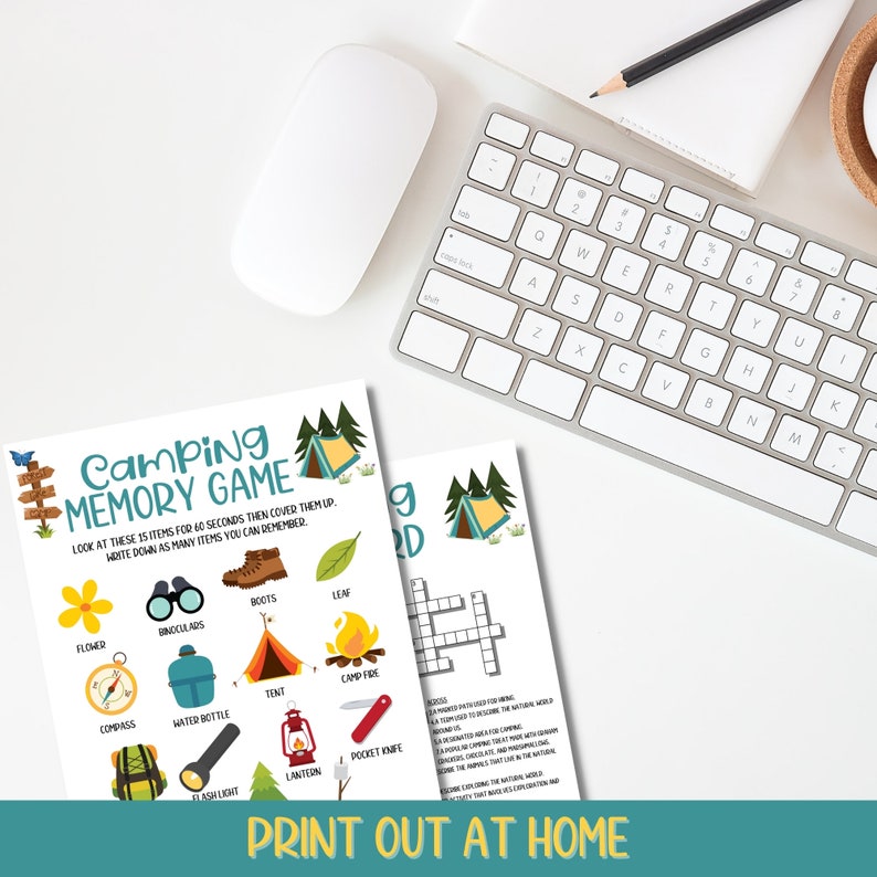 May include: A printable camping memory game and crossword puzzle. The memory game features 15 camping items, including a tent, compass, lantern, and binoculars. The crossword puzzle has a camping theme.