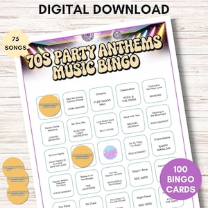 70s Party Anthems Music Bingo, 75 Songs, 100 Cards, Printable Retro Party Game