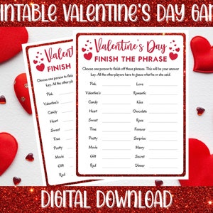 Printable Valentine&#39;s Day Finish The Phrase Party Game, Instant Download