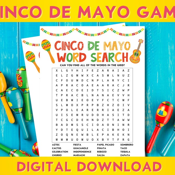 Cinco De Mayo Printable Word Search, Fiesta Party, Family Game Night, Classroom,