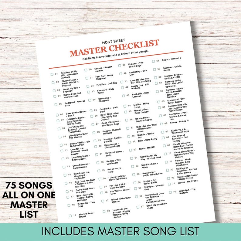 Pode incluir: Um papel branco intitulado "MASTER CHECKLIST" com uma lista de 75 m&uacute;sicas. A lista inclui t&iacute;tulos de m&uacute;sicas e artistas, com caixas de sele&ccedil;&atilde;o para rastreamento. O texto "75 SONGS ALL ON ONE MASTER LIST" tamb&eacute;m &eacute; vis&iacute;vel.
