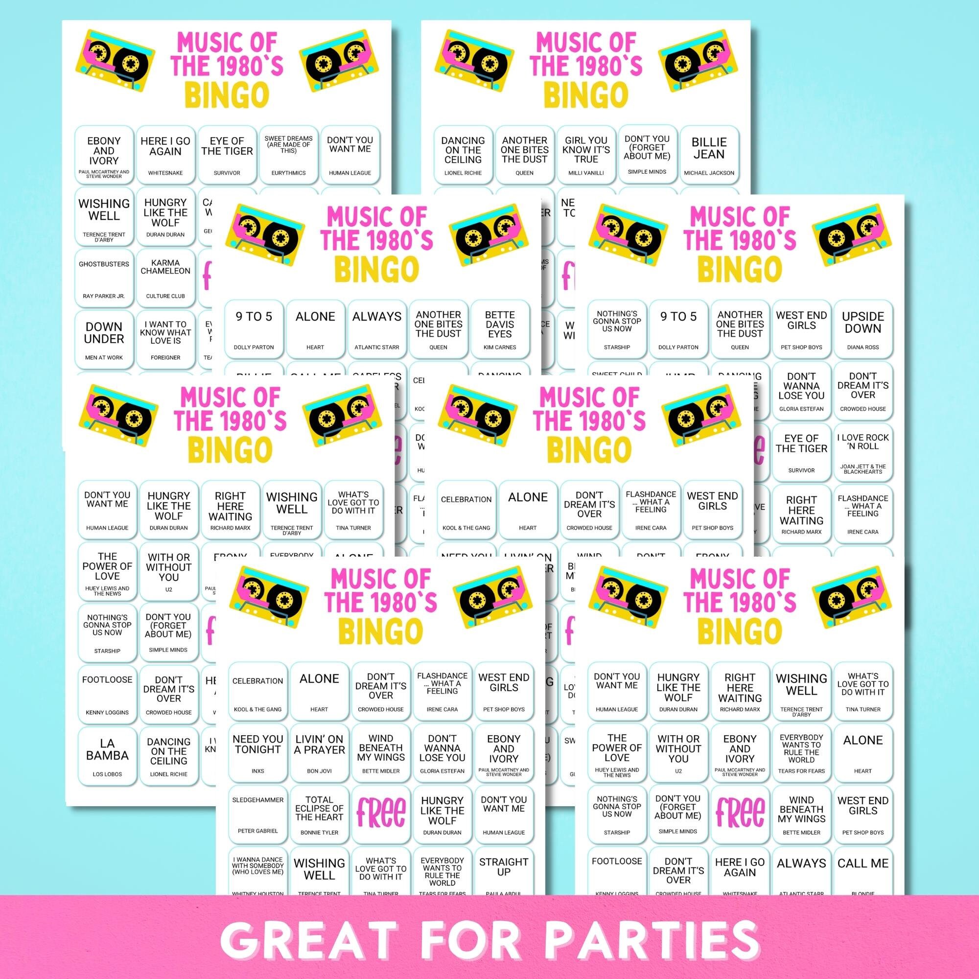 Printable Music of the 1980's Bingo Game, 20 Cards, Instant Download ...